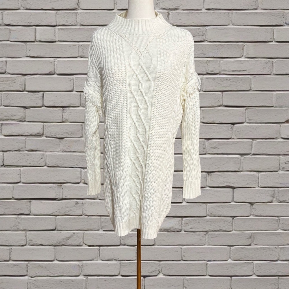 American Rag Cie White Cable Knit Sweater Dress S Fringe Sleeves Open Back